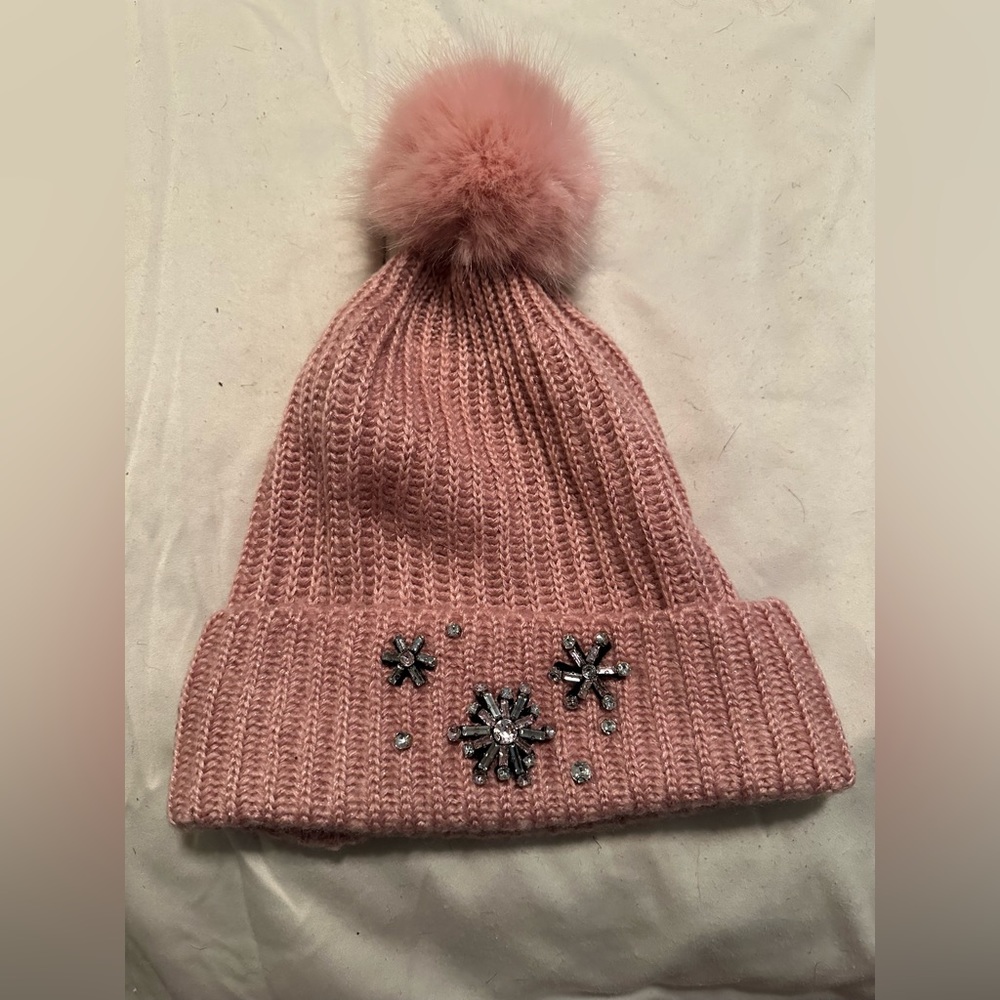 Pink hat with snowflake stones by Victoria secret . Never work smoke free home.